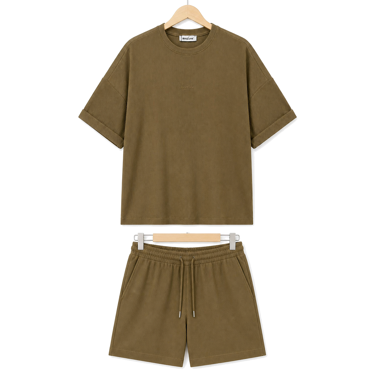 WEELZ olive textured cotton T-shirt and shorts set on hanger — front