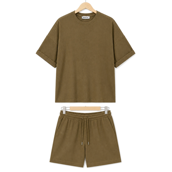 WEELZ olive textured cotton T-shirt and shorts set on hanger — front