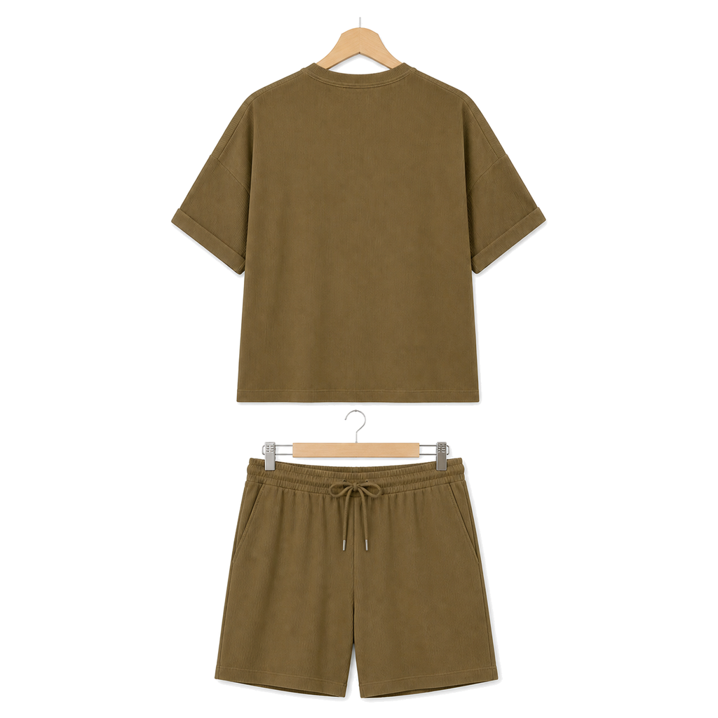 WEELZ olive textured cotton T-shirt and shorts set on hanger — back