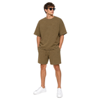 WEELZ olive textured cotton T-shirt and shorts set worn by model — look 1
