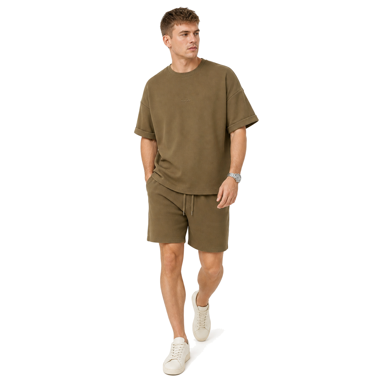 WEELZ olive textured cotton T-shirt and shorts set worn by model — look 2