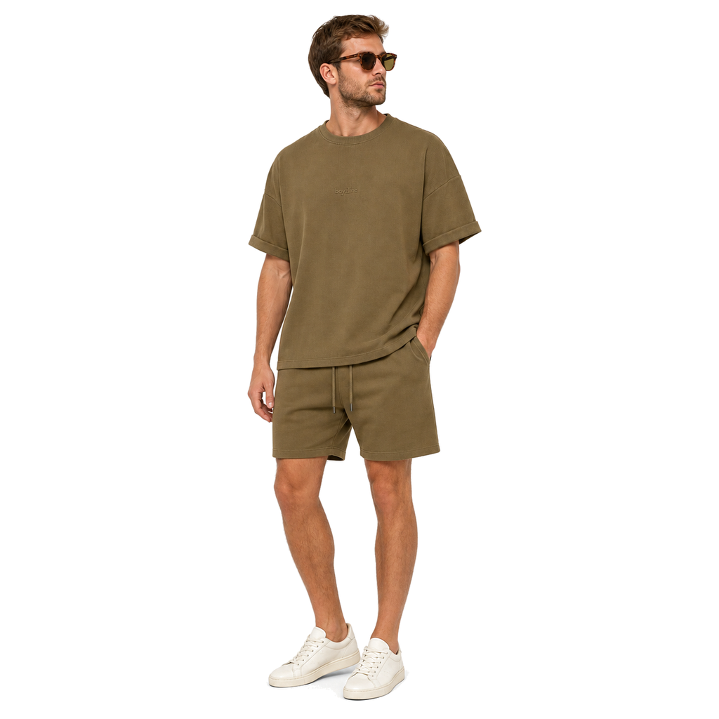 WEELZ olive textured cotton T-shirt and shorts set worn by model — look 3