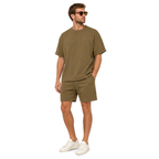 WEELZ olive textured cotton T-shirt and shorts set worn by model — look 3