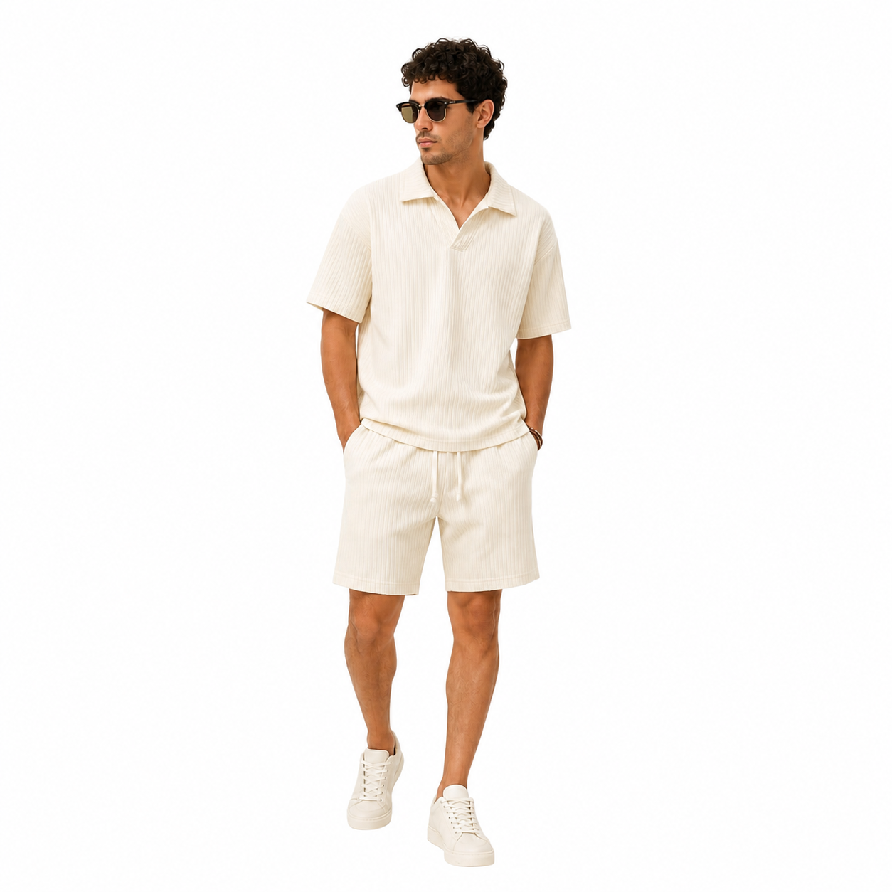 WEELZ Textured V-Collar T-Shirt & Shorts Set - Off-White - view 2