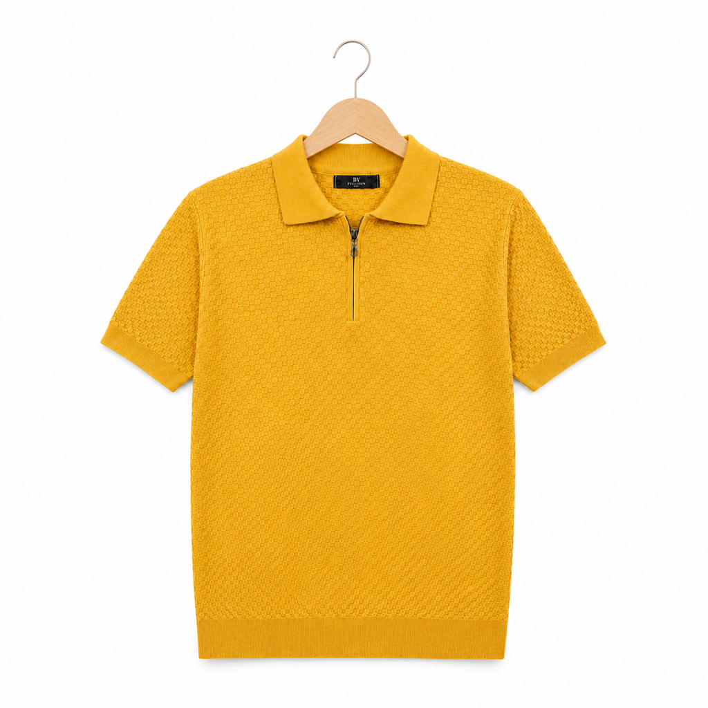 WEELZ mustard yellow textured zip knit polo on hanger front
