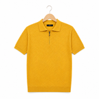 WEELZ mustard yellow textured zip knit polo on hanger front