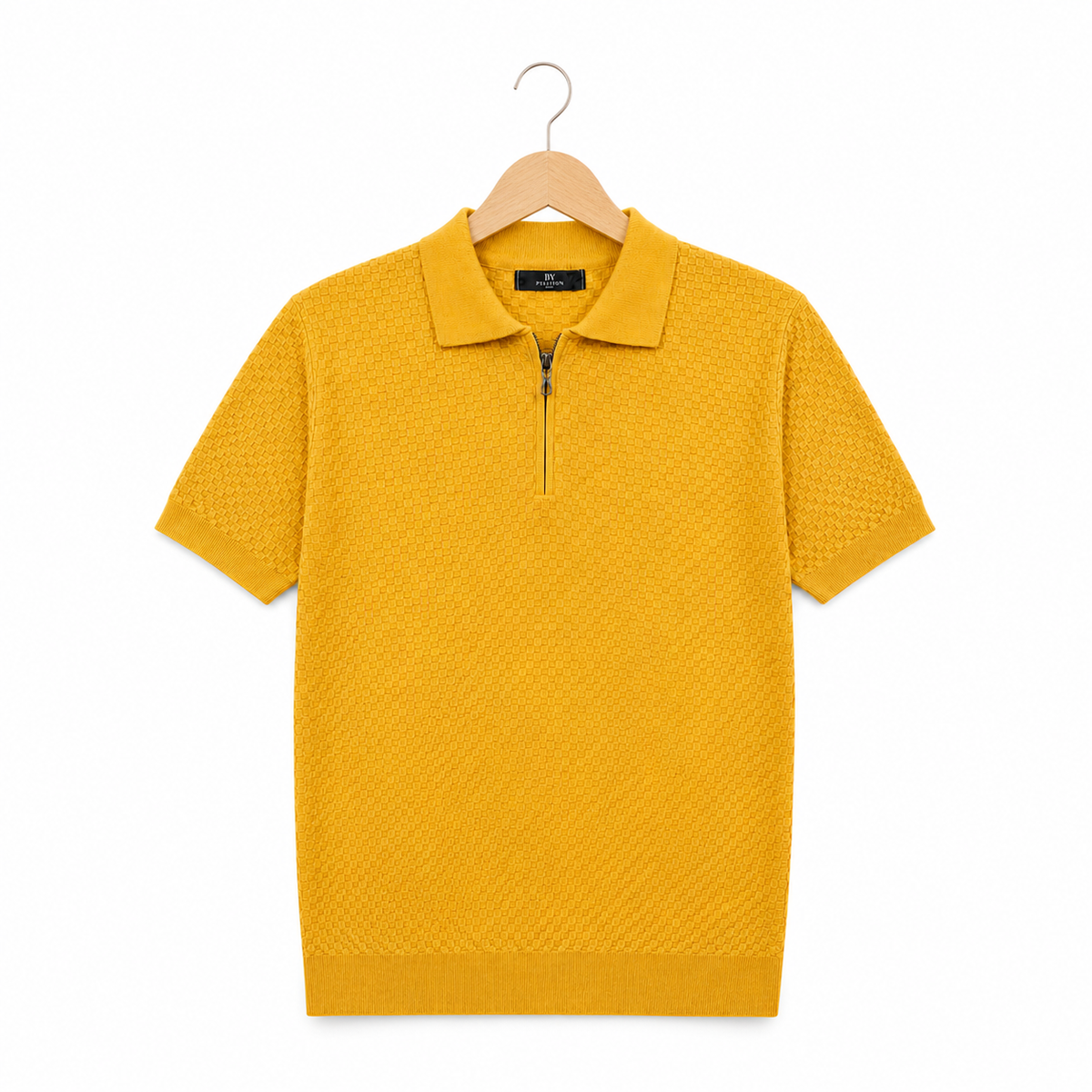 WEELZ mustard yellow textured zip knit polo on hanger front