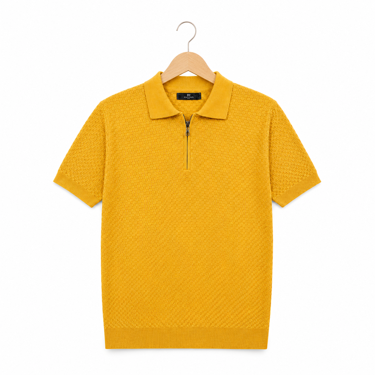WEELZ mustard yellow textured zip knit polo on hanger front