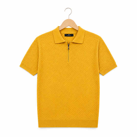 WEELZ mustard yellow textured zip knit polo on hanger front