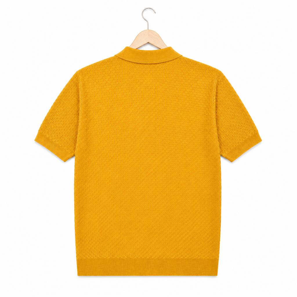 WEELZ mustard yellow textured zip knit polo on hanger back