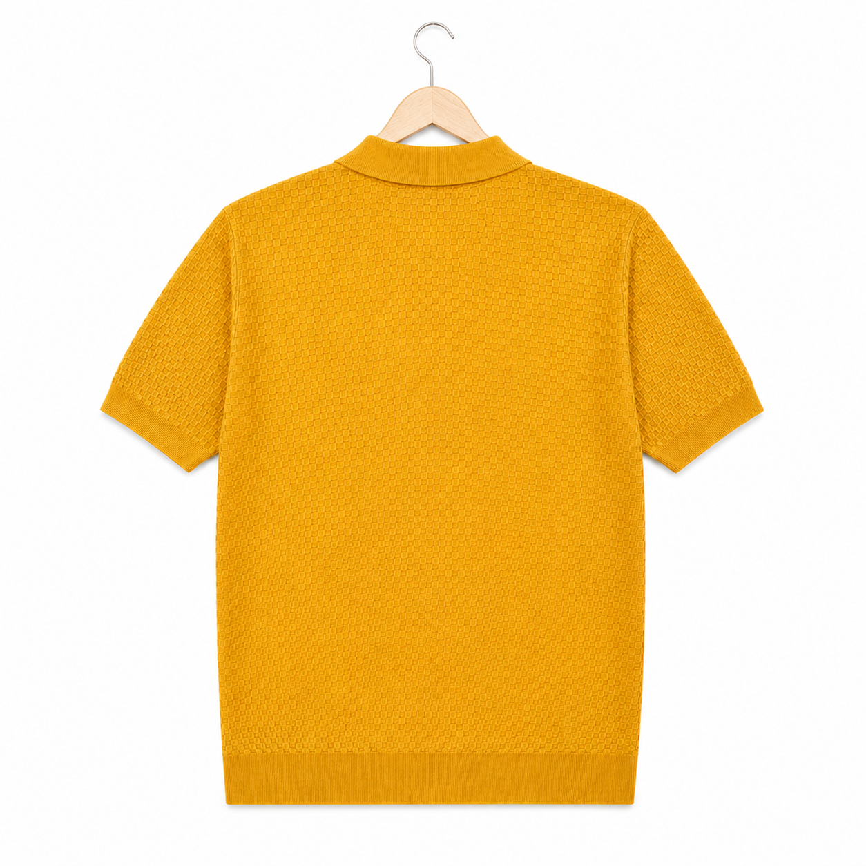 WEELZ mustard yellow textured zip knit polo on hanger back