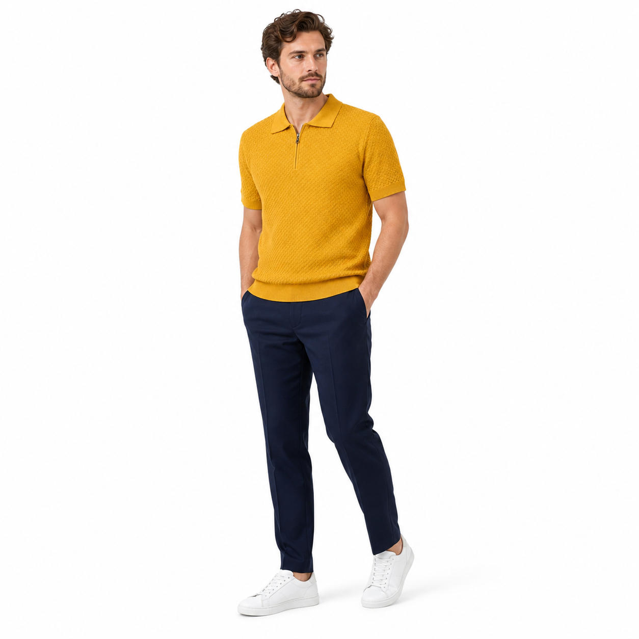 WEELZ mustard yellow textured zip knit polo worn by model look 2