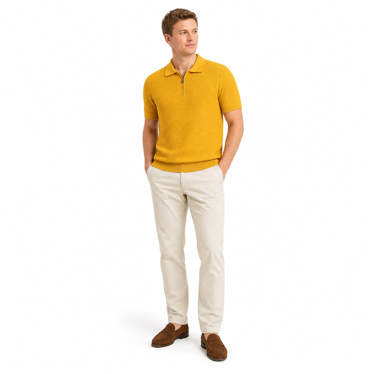 WEELZ mustard yellow textured zip knit polo worn by model look 3