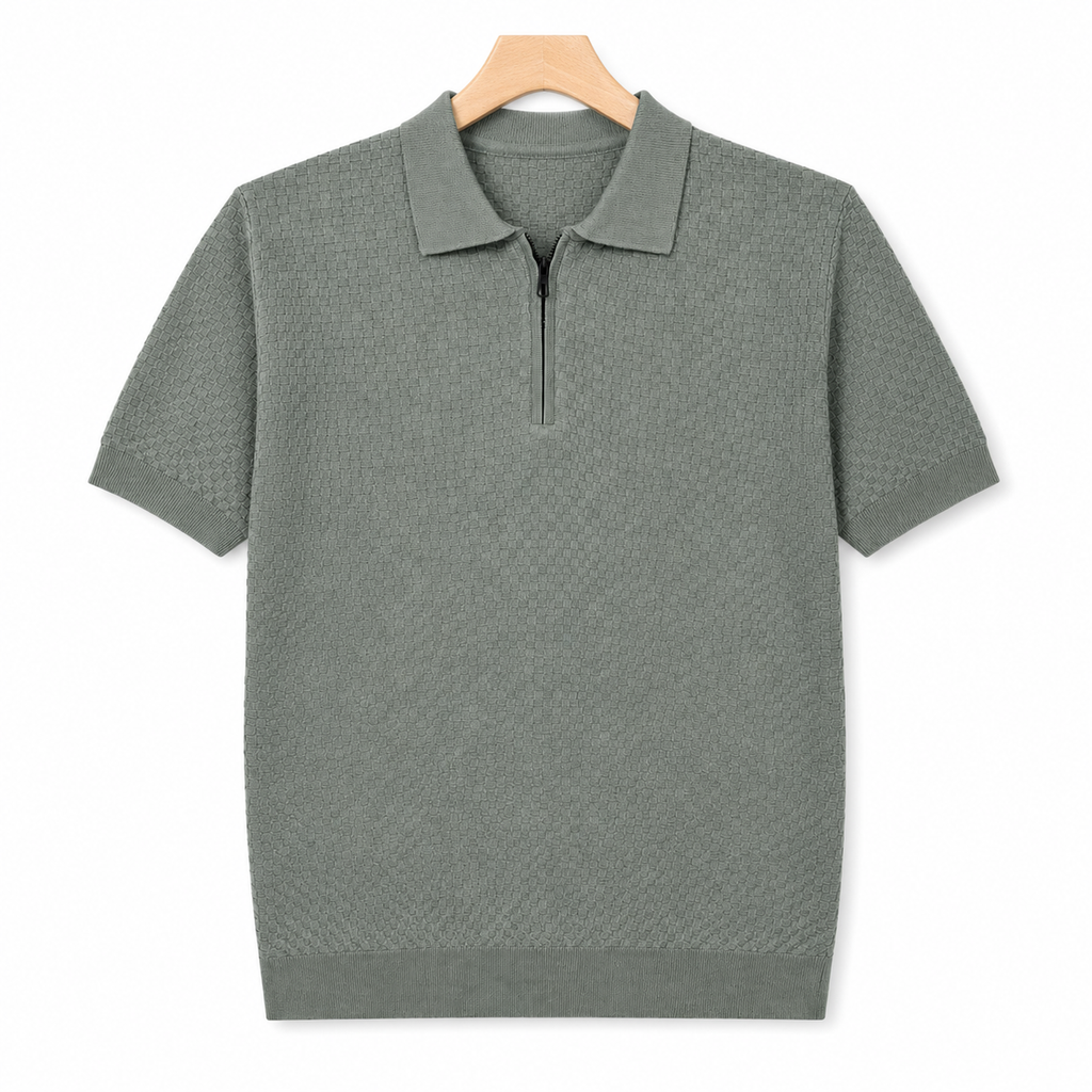 WEELZ olive textured zip knit polo on hanger front