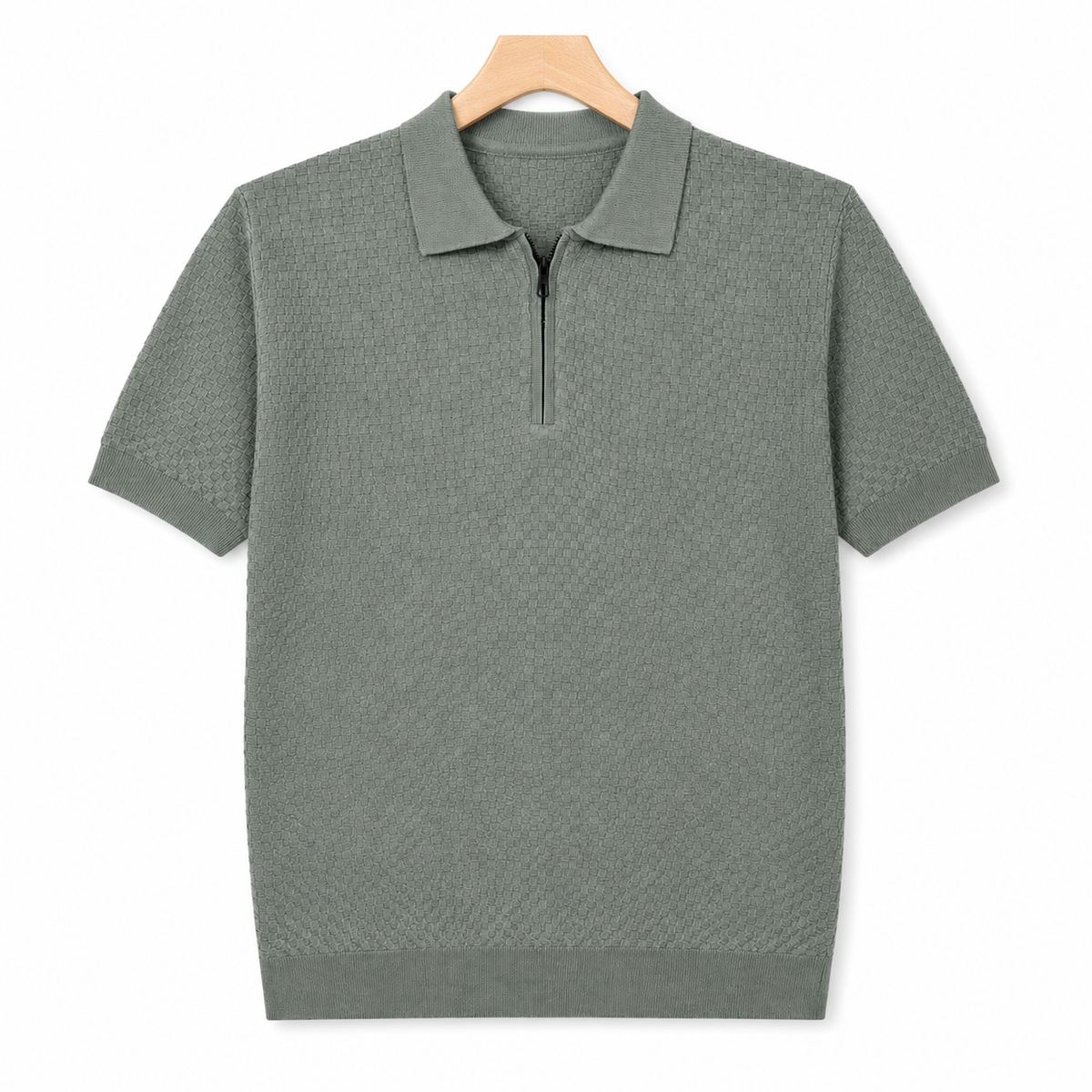 WEELZ olive textured zip knit polo on hanger front