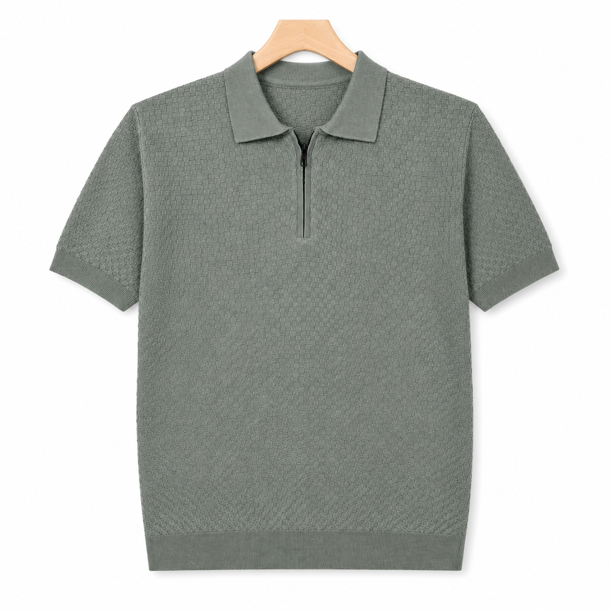WEELZ olive textured zip knit polo on hanger front