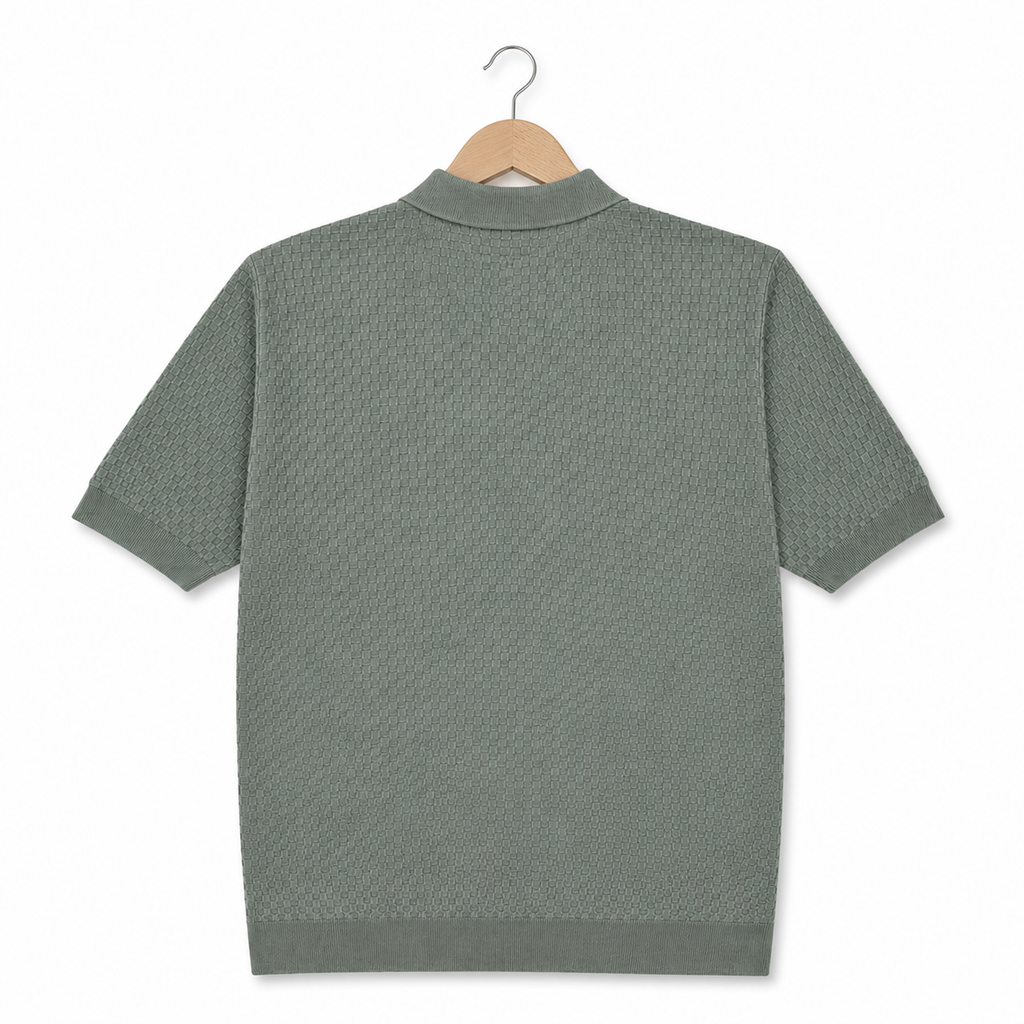 WEELZ olive textured zip knit polo on hanger back