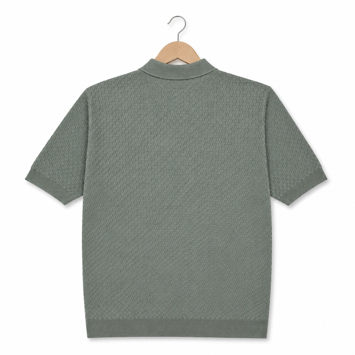 WEELZ olive textured zip knit polo on hanger back