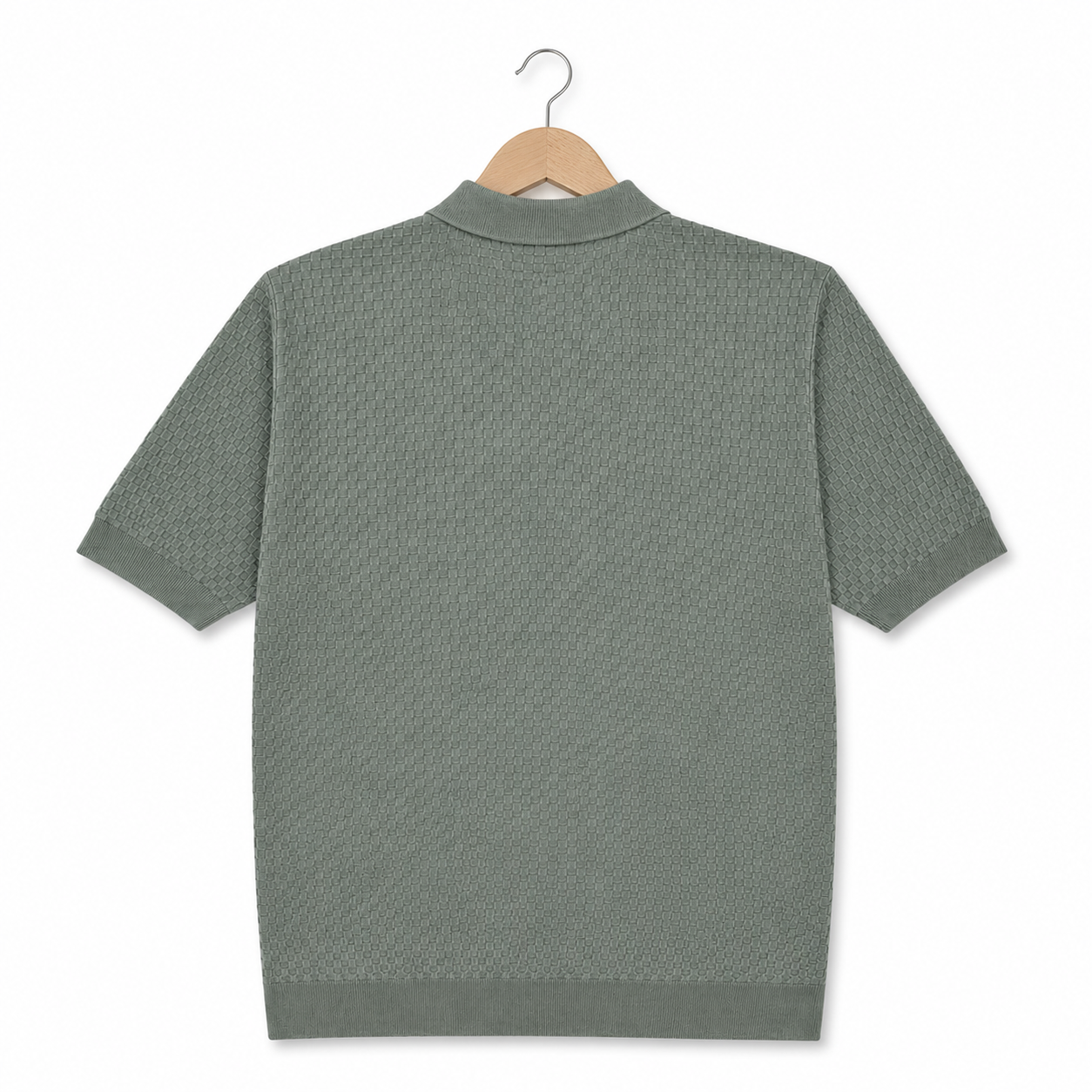 WEELZ olive textured zip knit polo on hanger back