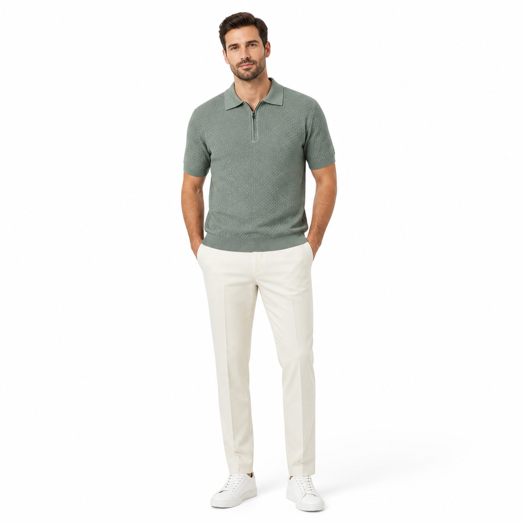 WEELZ olive textured zip knit polo worn by model look 1