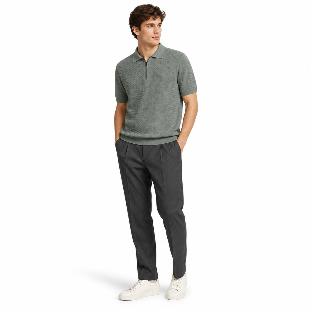 WEELZ olive textured zip knit polo worn by model look 2