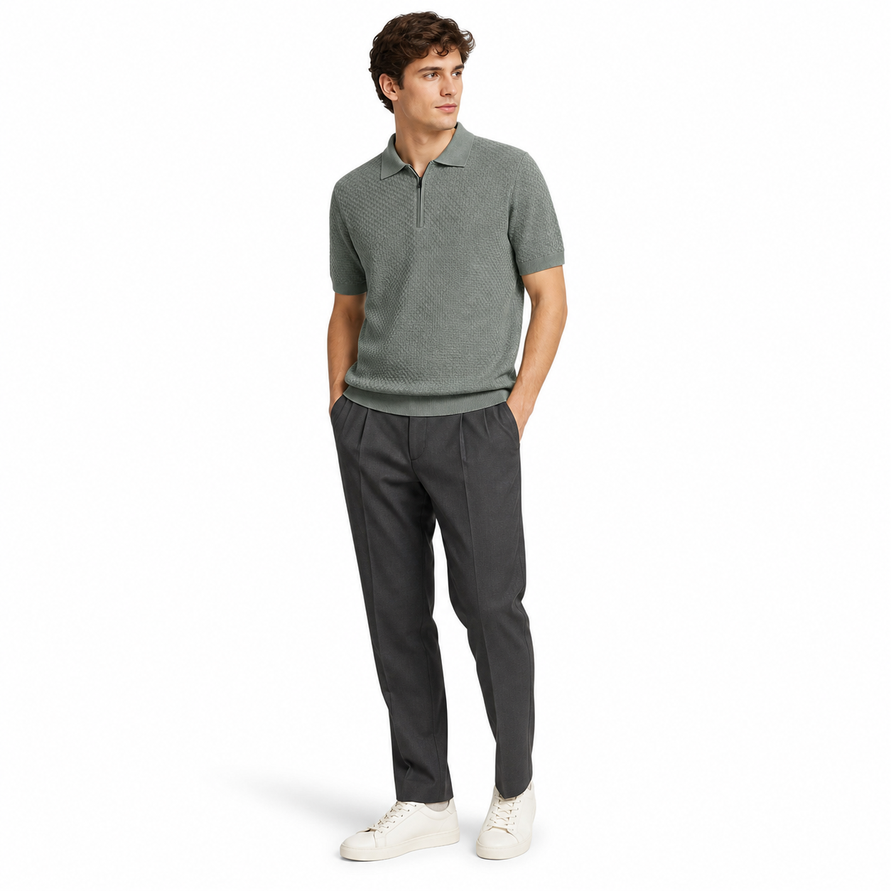 WEELZ olive textured zip knit polo worn by model look 2