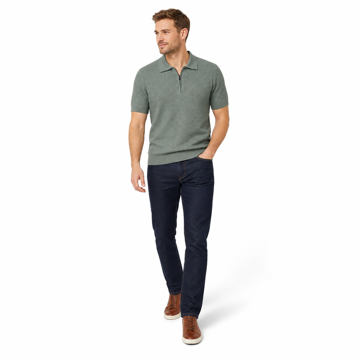WEELZ olive textured zip knit polo worn by model look 3