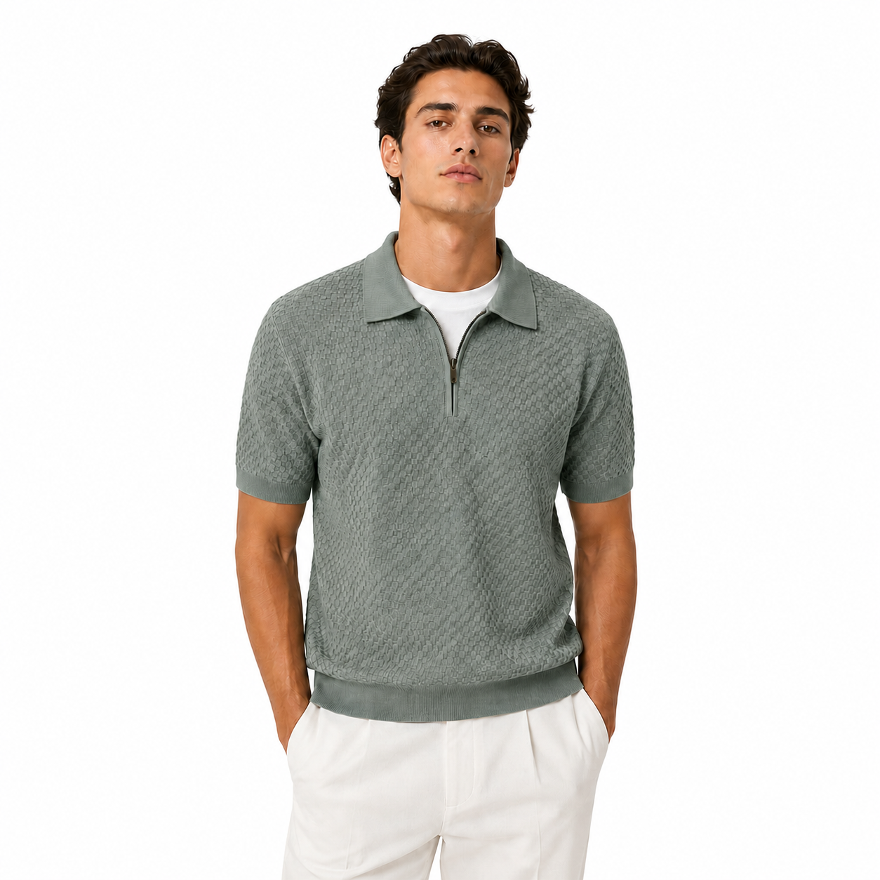 WEELZ Textured Zip Knit Polo - Olive - view 1