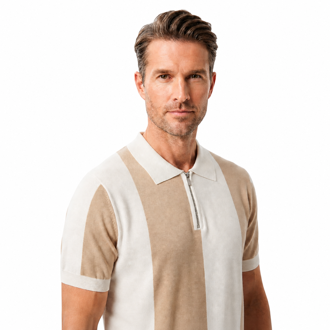 WEELZ Vertical Color-Block Knit Polo - Beige & Cream - view 3