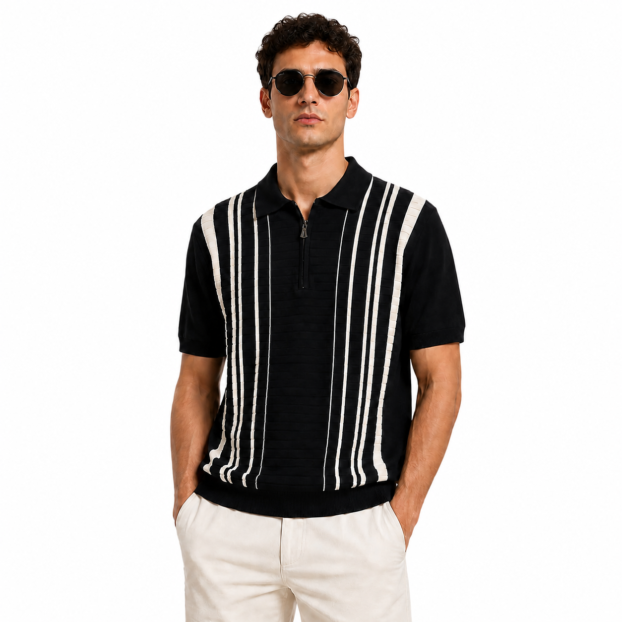 WEELZ Vertical Stripe Zip Knit Polo â€” Black - Black & White - view 1