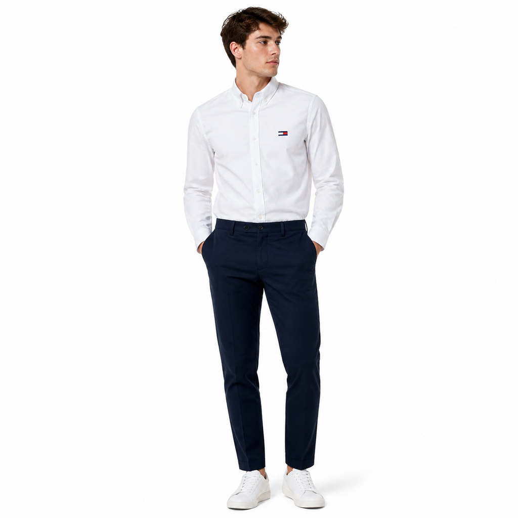 WEELZ white classic shirt with large logo — navy trouser look