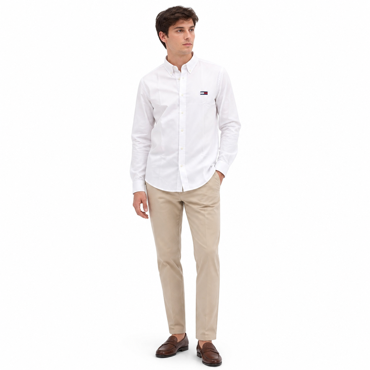 WEELZ white classic shirt with large logo — beige trouser look