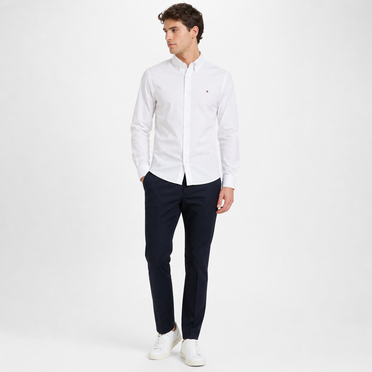 WEELZ white classic shirt with small logo — navy trouser look