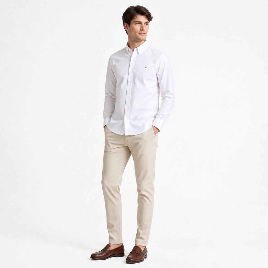 WEELZ white classic shirt with small logo — beige trouser look