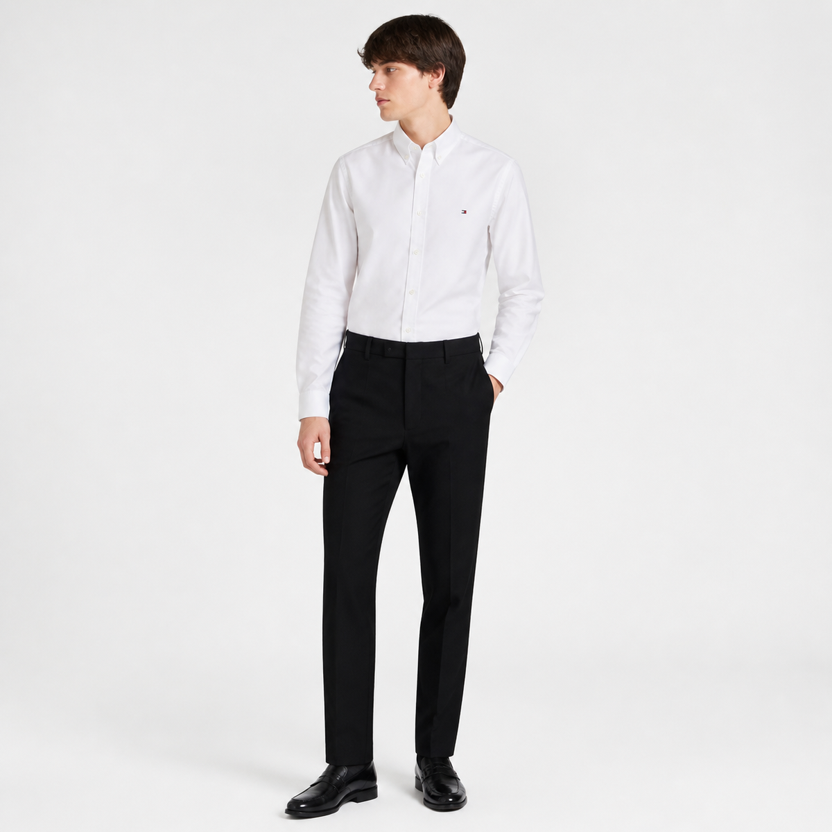 WEELZ white classic shirt with small logo — charcoal trouser look
